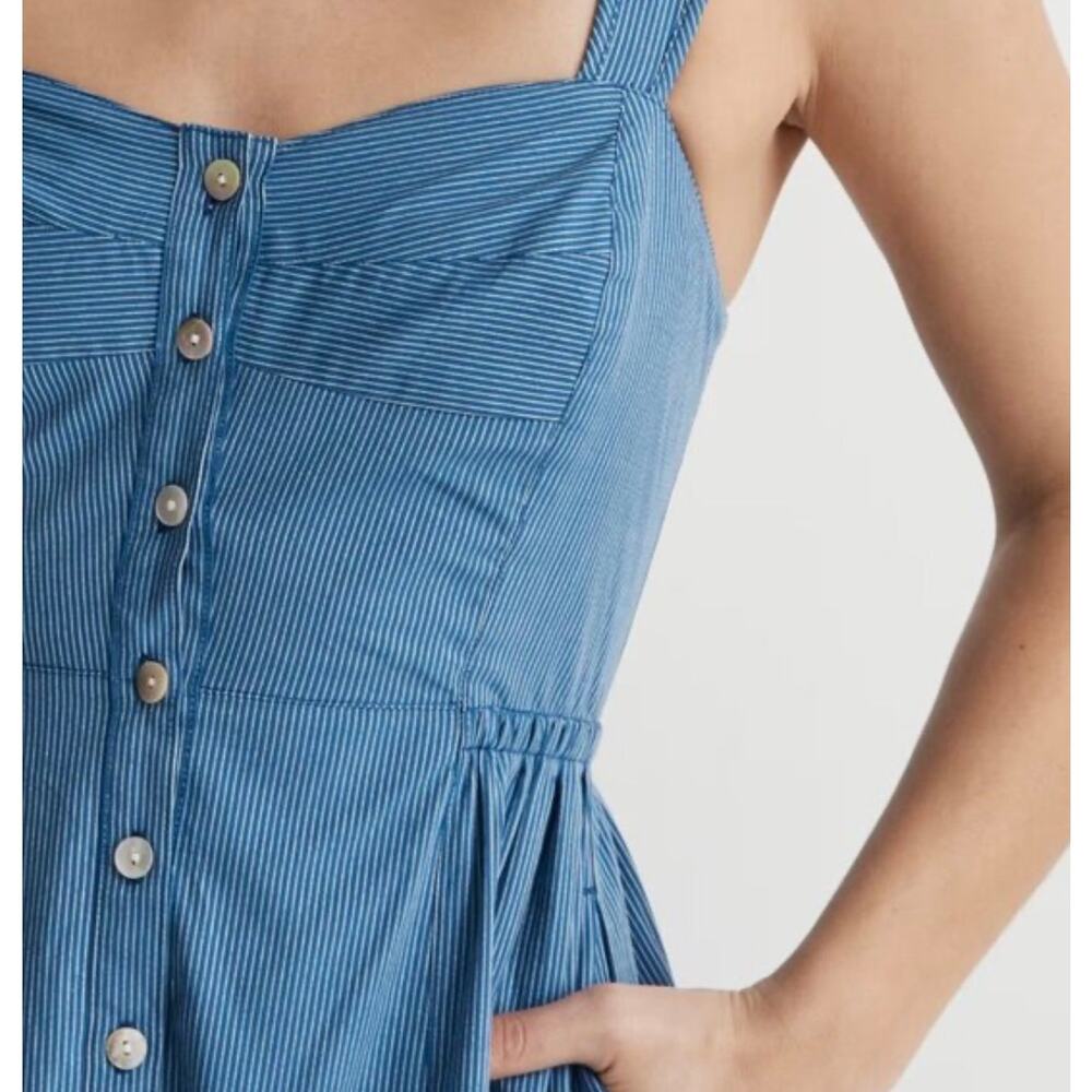 Madewell Tiered Button Front Midi Dress Blue Stripe Cotton 4P Petite Cottage - Picture 5 of 14